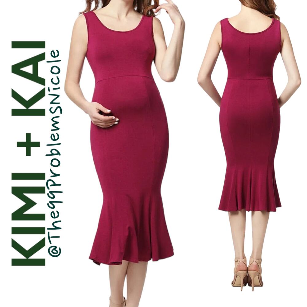 Kimi and Kai Bria Maternity Mermaid Hem Midi Dress in Berry
